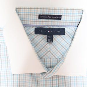 Tommy Hilfiger Blue/Grey/White Gingham Contrast Collar Dress Shirt Non Iron